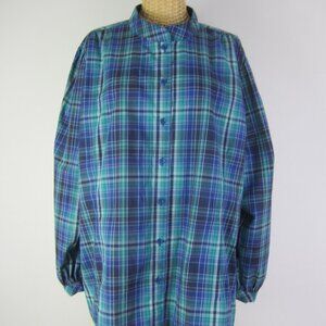 Denim & Co Women Plus 2X Blue Plaid LS Cotton Blend Button Shirt Full Sleeves
